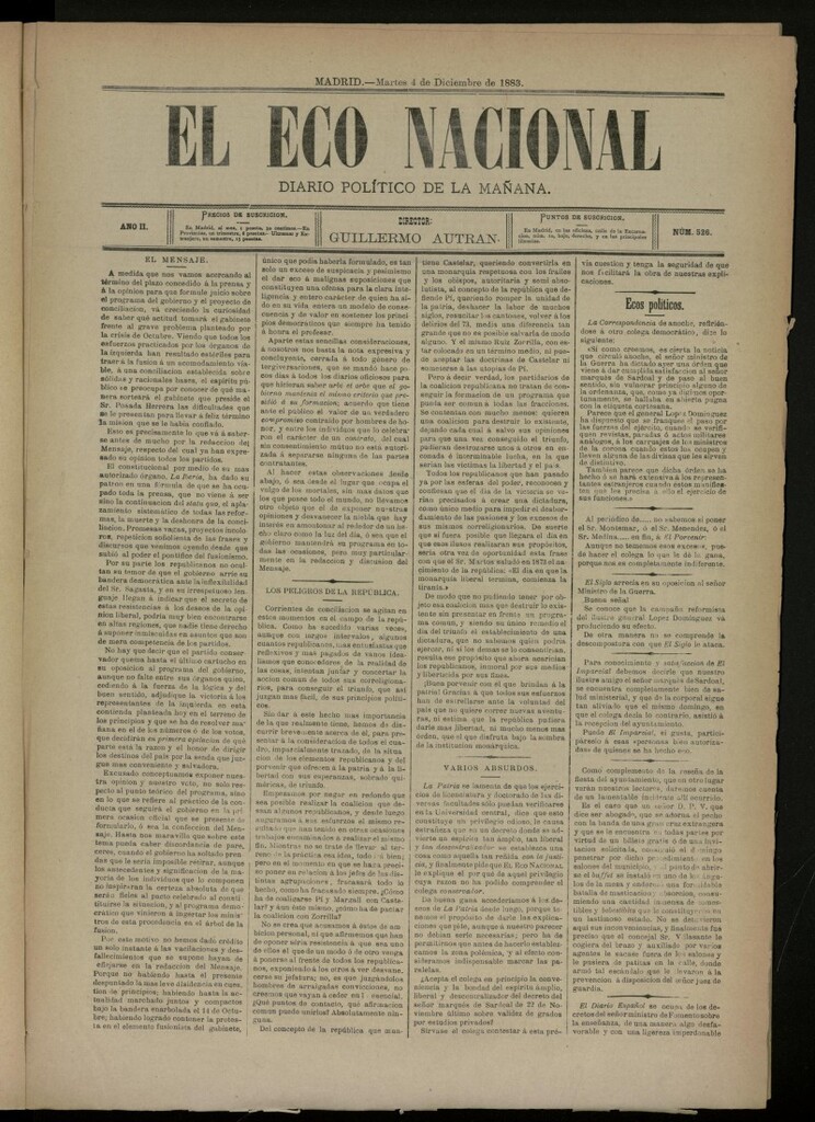 Miniatura de El Eco Nacional de 4 de diciembre de 1883, nº 526