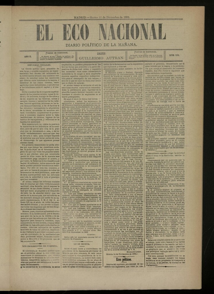 Miniatura de El Eco Nacional de 11 de diciembre de 1883, nº 531