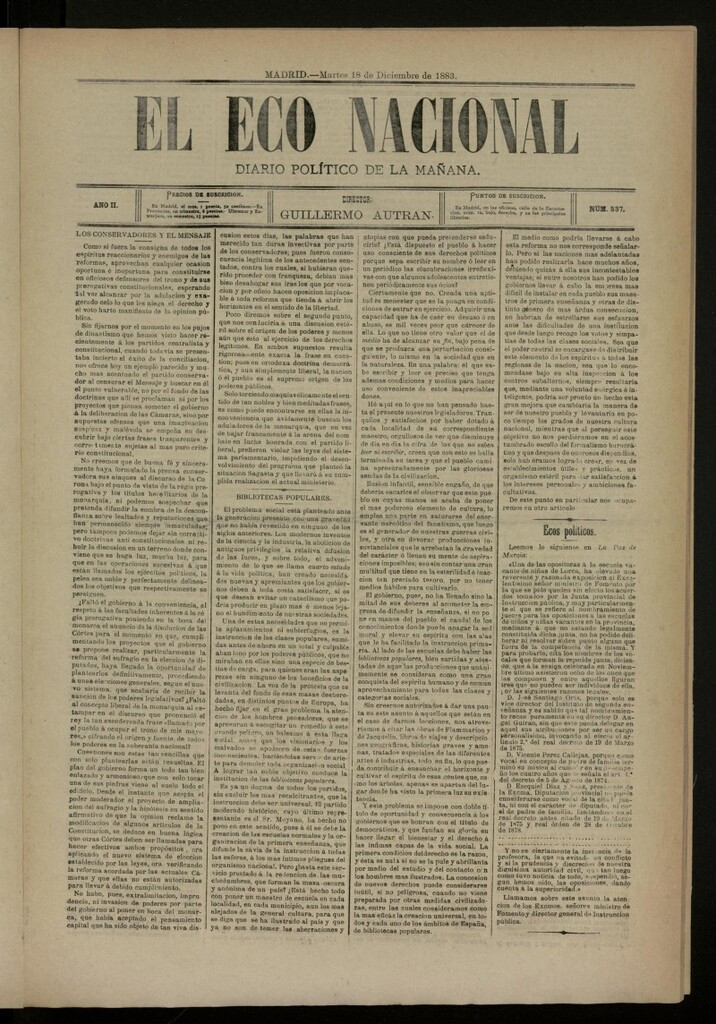 Miniatura de El Eco Nacional del 18 de diciembre de 1883, nº 537