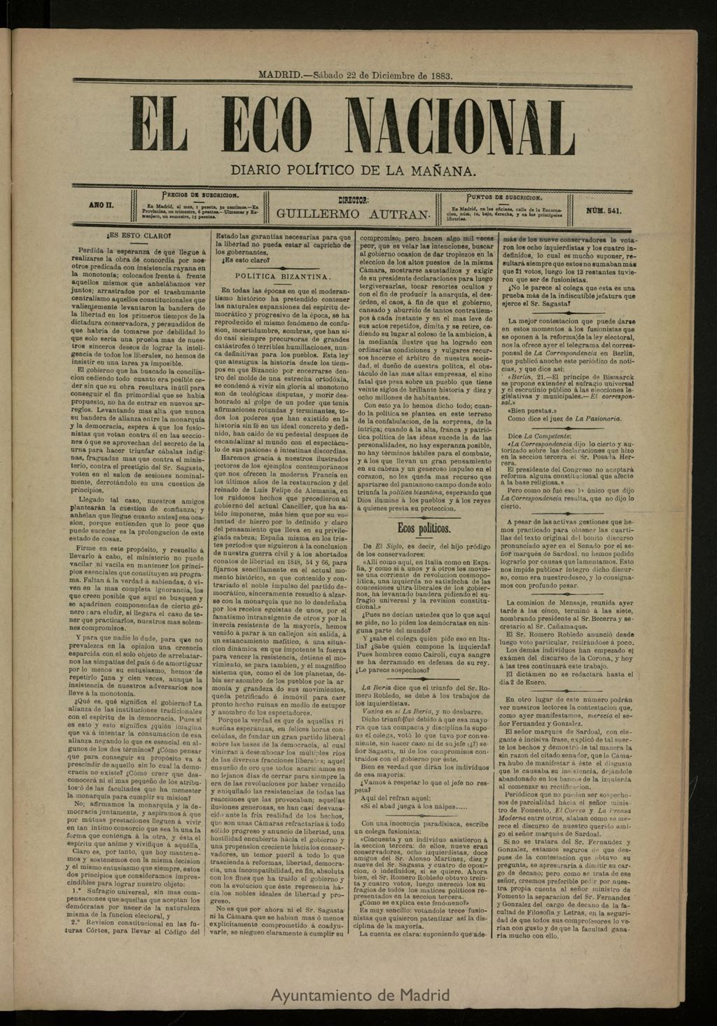 Miniatura de El Eco Nacional de 22 de diciembre de 1883, nº 541
