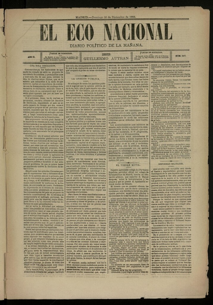 Miniatura de El Eco Nacional de 30 de diciembre de 1883, nº 547