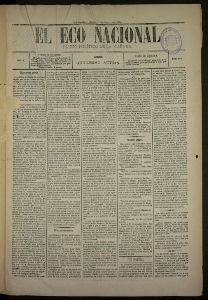 Miniatura de El Eco Nacional de 1 de enero de 1885, nº 869