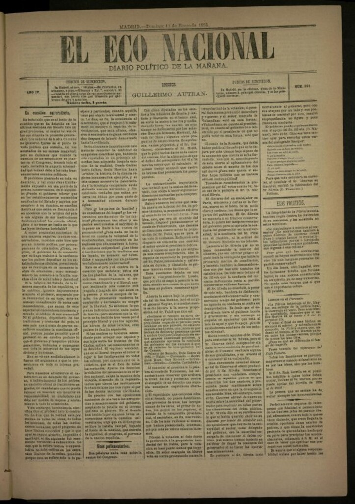 Miniatura de El Eco Nacional de 11 de enero de 1885, nº 881