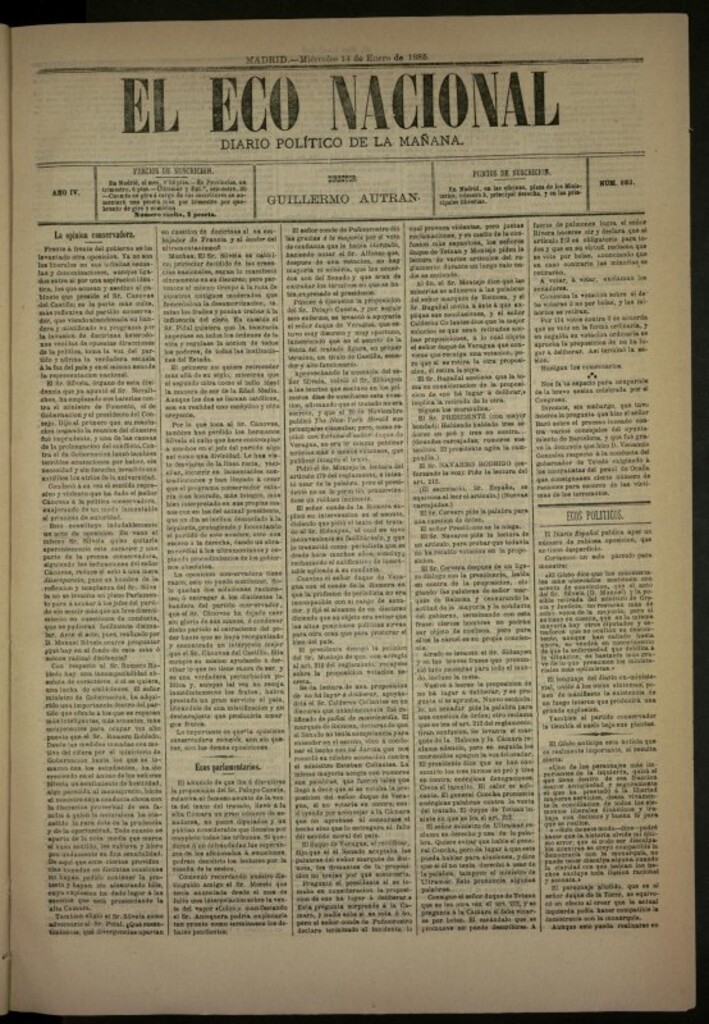 Miniatura de El Eco Nacional de 14 de enero de 1885, nº 883