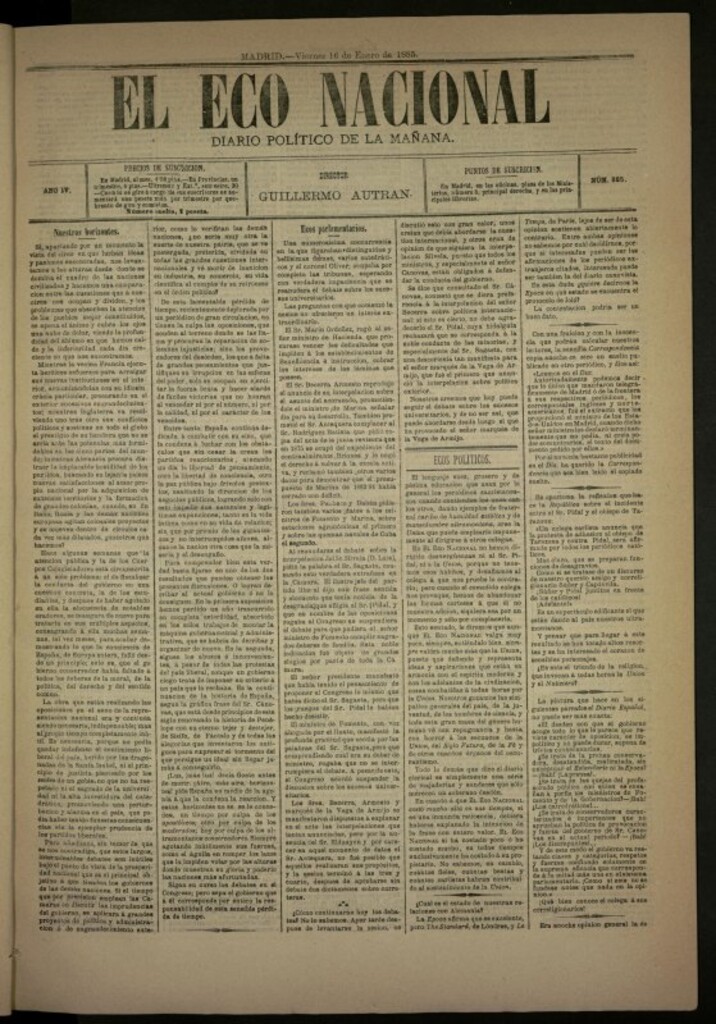 Miniatura de El Eco Nacional de 16 de enero de 1885, nº 885