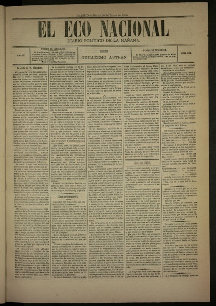 Miniatura de El Eco Nacional de 20 de enero de 1885, nº 888