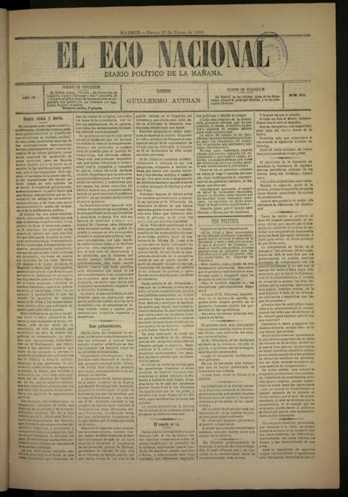 Miniatura de El Eco Nacional de 27 de enero de 1885, nº 893