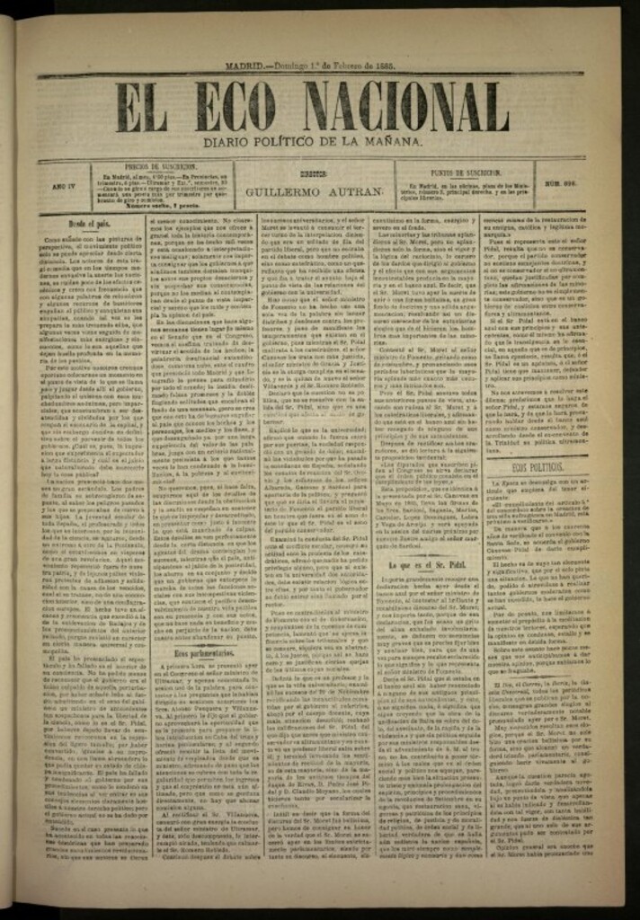 Miniatura de El Eco Nacional de 1 de febrero de 1885, nº 898