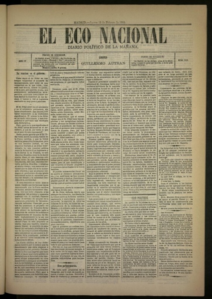 Miniatura de El Eco Nacional de 12 de febrero de 1885, nº 906