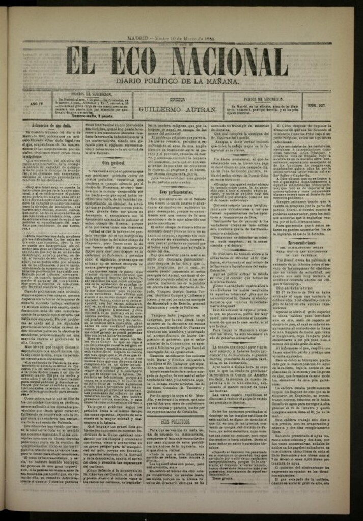 Miniatura de El Eco Nacional de 10 de marzo de 1885, nº 927