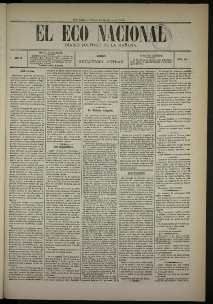 Miniatura de El Eco Nacional de 20 de marzo de 1885, nº 936