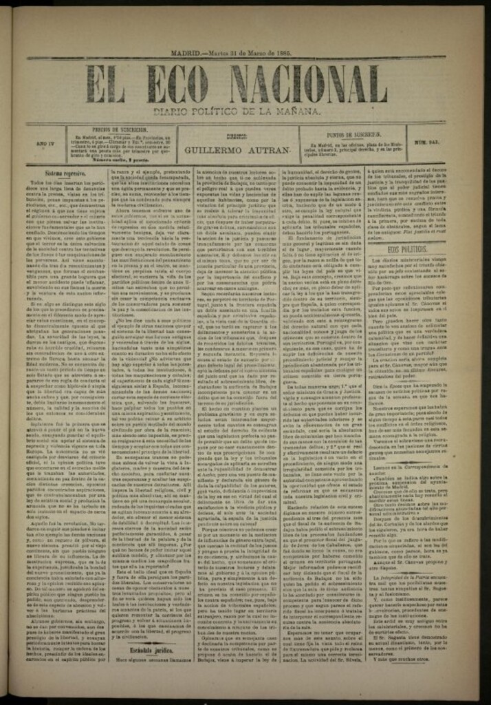 Miniatura de El Eco Nacional de 31 de marzo de 1885, nº 943