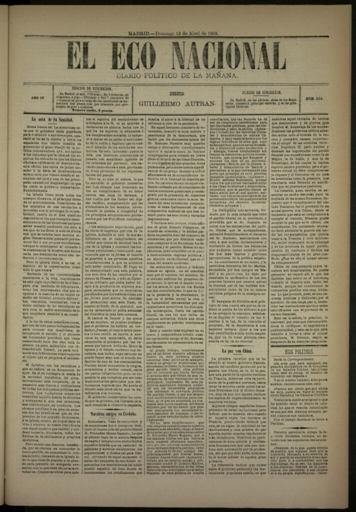 Miniatura de El Eco Nacional de 12 de abril de 1885, nº 954