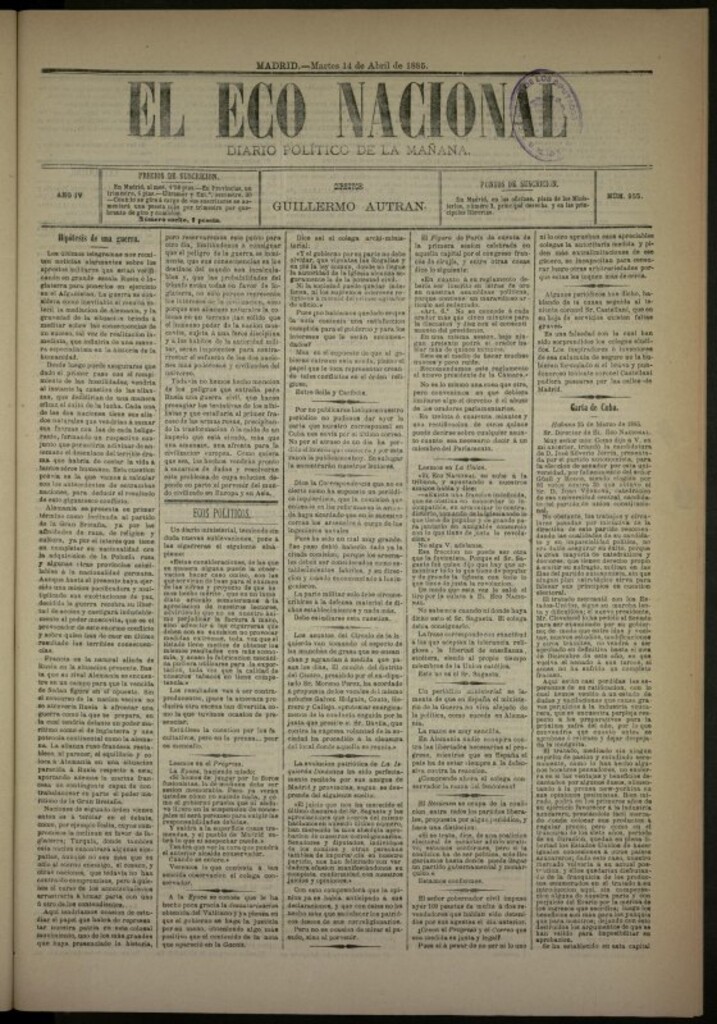 Miniatura de El Eco Nacional de 14 de abril de 1885, nº 955
