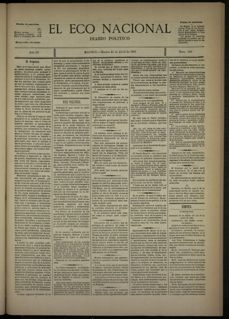 Miniatura de El Eco Nacional de 21 de abril de 1885, nº 959