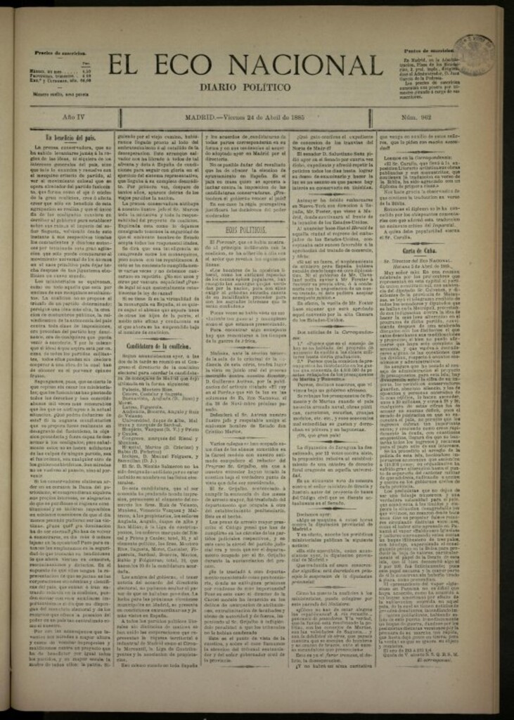 Miniatura de El Eco Nacional de 24 de abril de 1885, nº 962