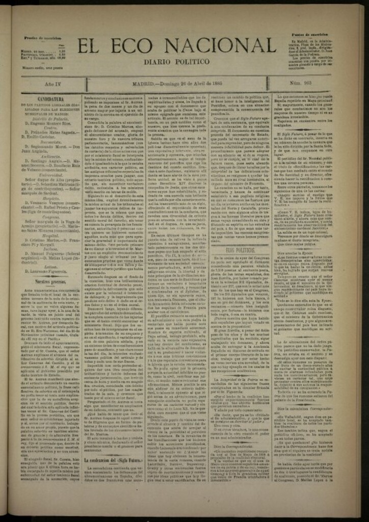 Miniatura de El Eco Naciopnal de 26 de abril de 1885, nº 963