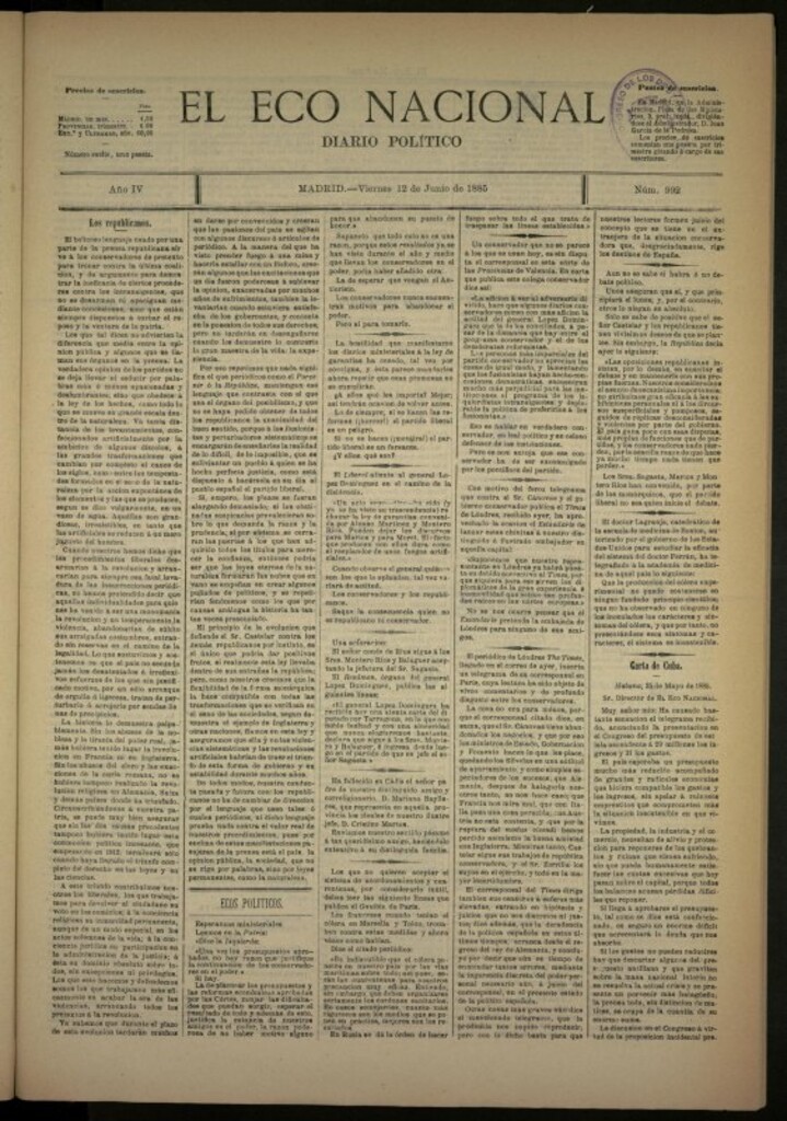 Miniatura de El Eco Nacional de 12 de junio de 1885, nº 992