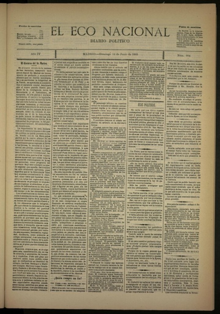 Miniatura de El Eco Nacional de 14 de junio de 1885, nº 994