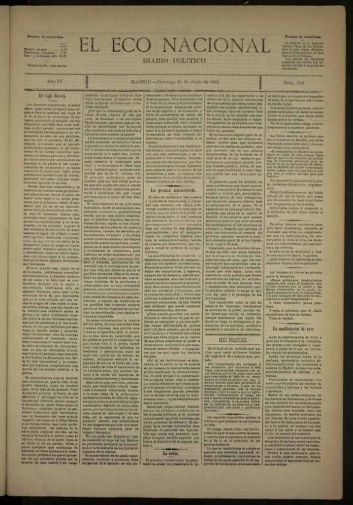 Miniatura de El Eco Nacional de 21 de junio de 1885, nº 998