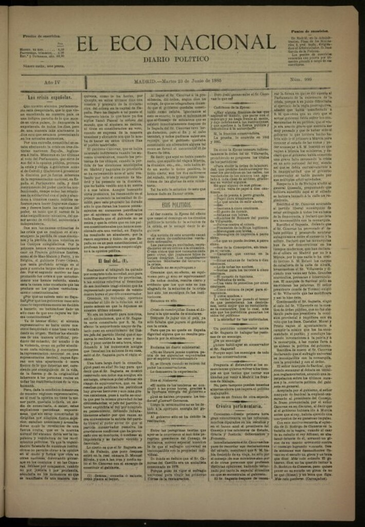 Miniatura de El Eco Nacional de 23 de junio de 1885, nº 999