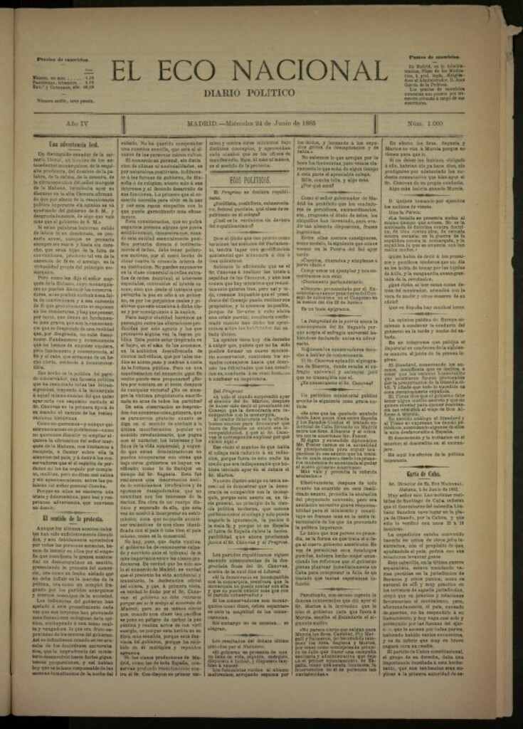 Miniatura de El Eco Nacional de 24 de junio de 1885, nº 1000