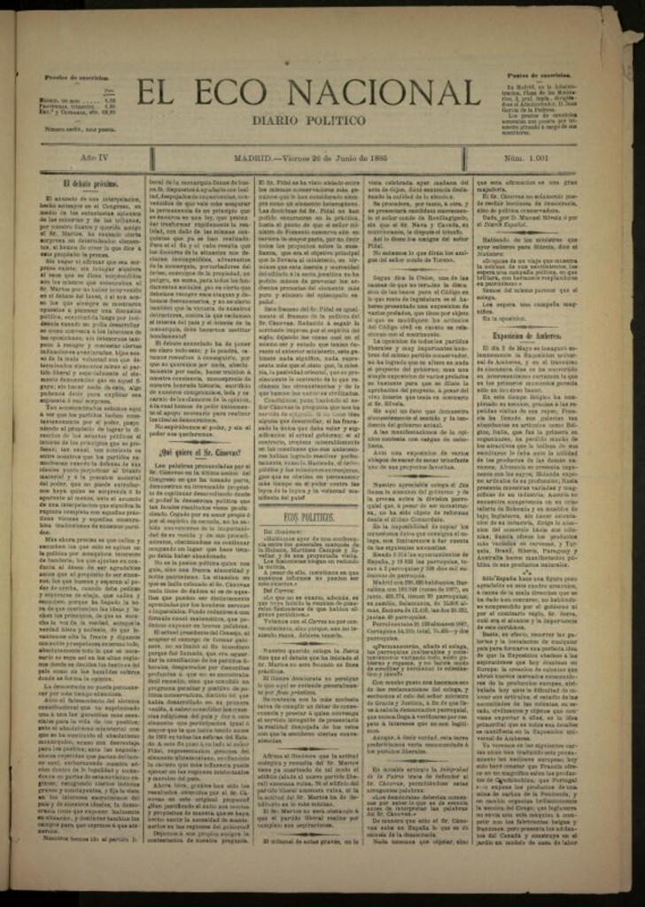 Miniatura de El Eco Nacional de 26 de junio de 1885, nº 1001