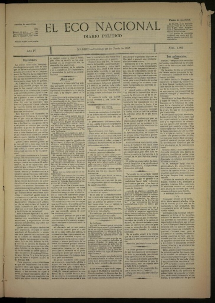 Miniatura de El Eco Nacional de 28 de junio de 1885, nº 1002
