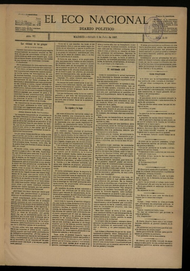 Miniatura de El Eco Nacional de 2 de julio de 1887, nº 200 [sic]