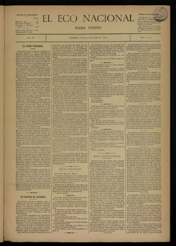 Miniatura de El Eco Nacional de 8 de julio de 1887, nº 2013
