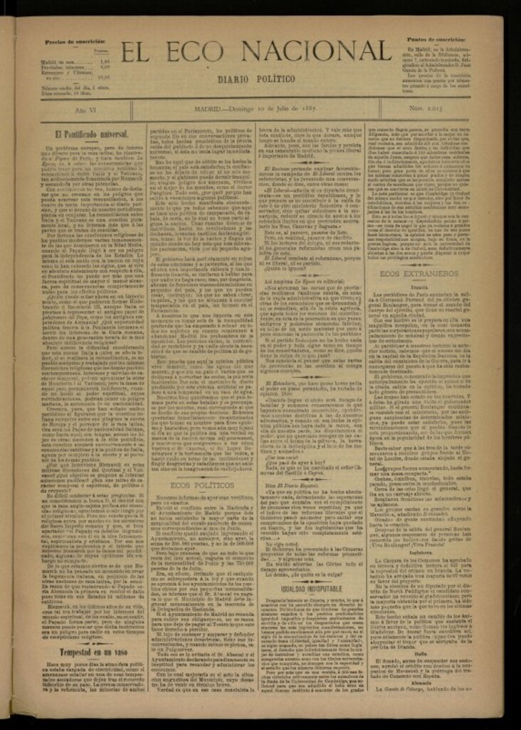 Miniatura de El Eco Nacional de 10 de julio de 1887, nº 2015