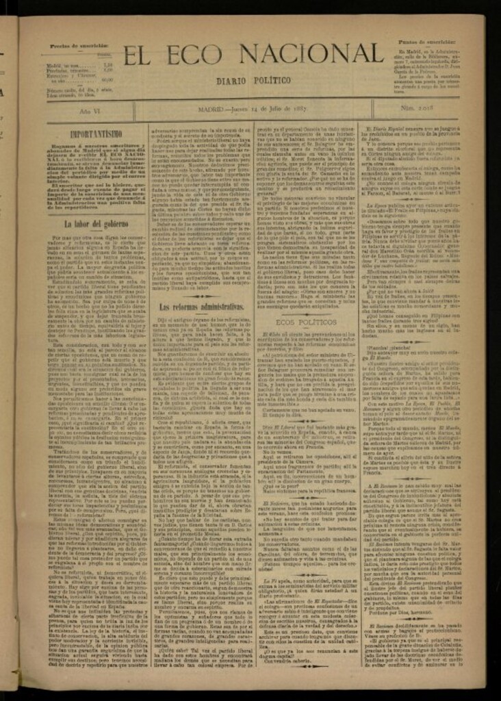 Miniatura de El Eco Nacional de 14 de julio de 1887, nº 2018