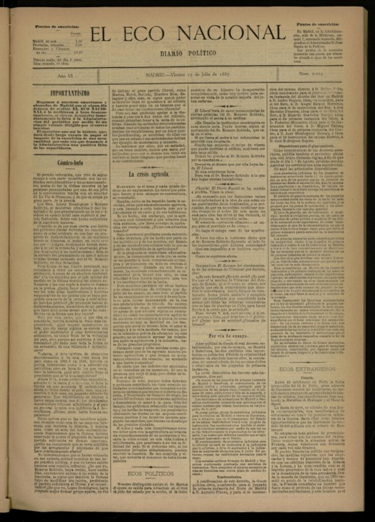 Miniatura de El Eco Nacional de 15 de julio de 1887, nº 2019