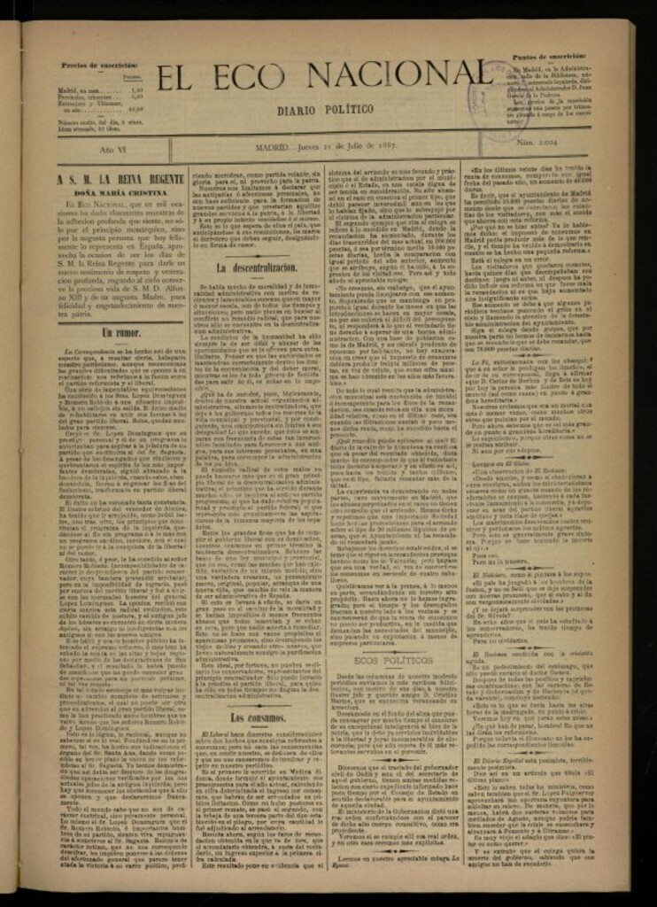 Miniatura de El Eco Nacional de 21 de julio de 1887, nº 2024