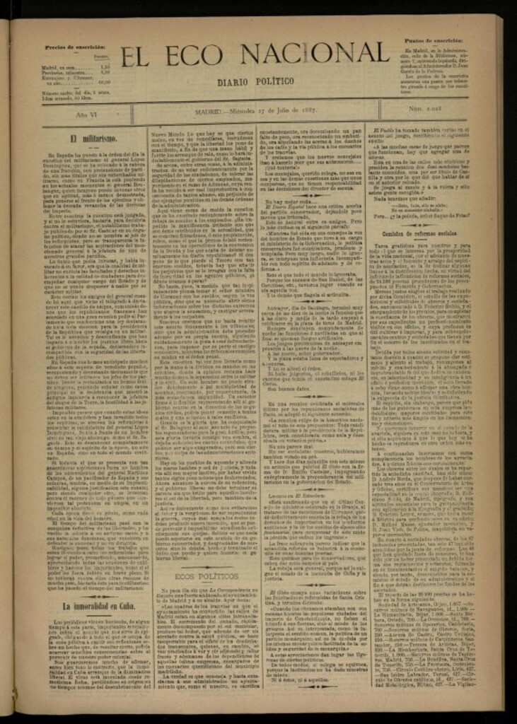 Miniatura de El Eco Nacional de 27 de julio de 1887, nº 2028