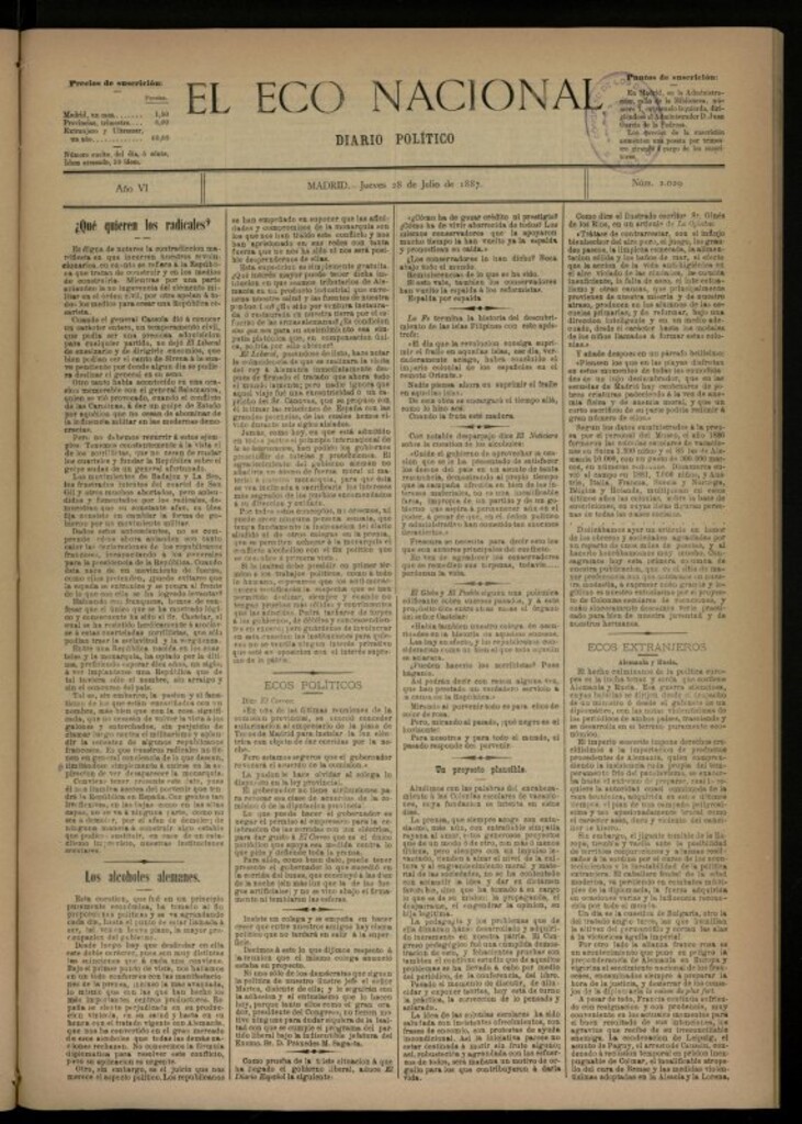Miniatura de El Eco Nacional de 28 de julio de 1887, nº 2029