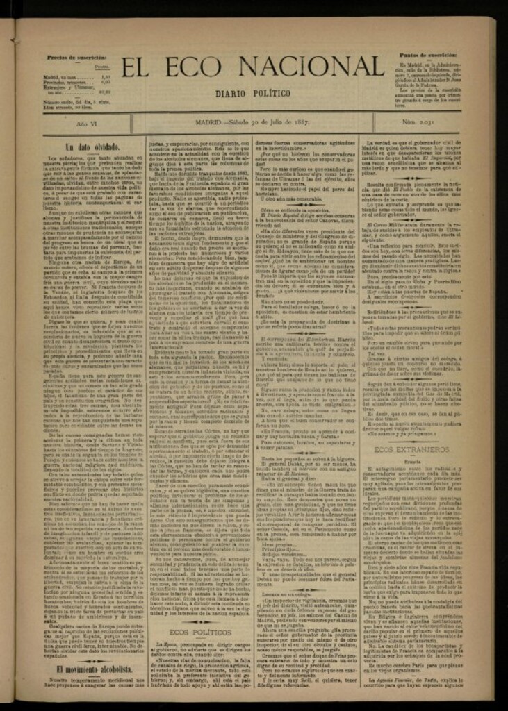 Miniatura de El Eco Nacional de 30 de julio de 1887, nº 2031