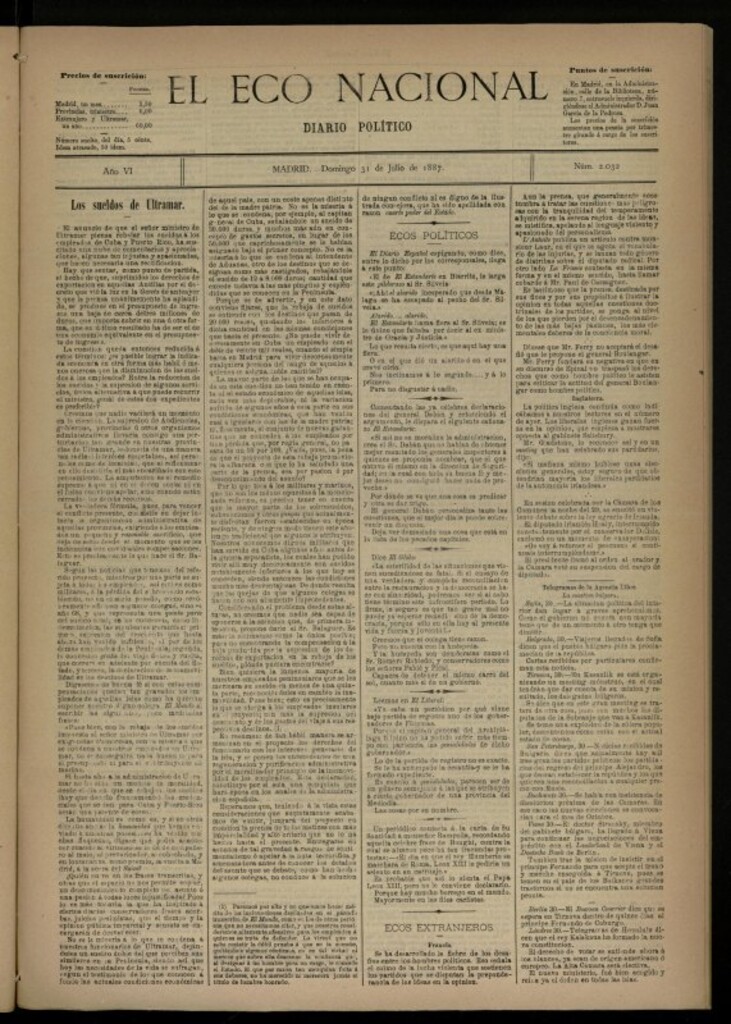 Miniatura de El Eco Nacional de 31 de julio de 1887, nº 2032