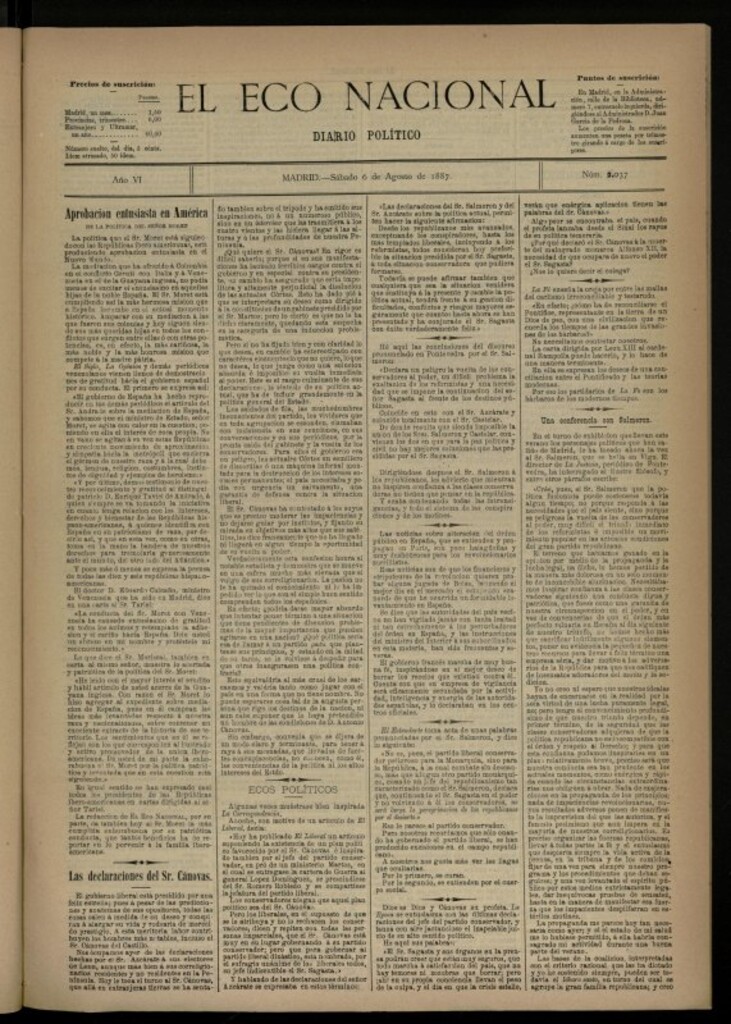Miniatura de El Eco Nacional de 6 de agosto de 1887, nº 2037