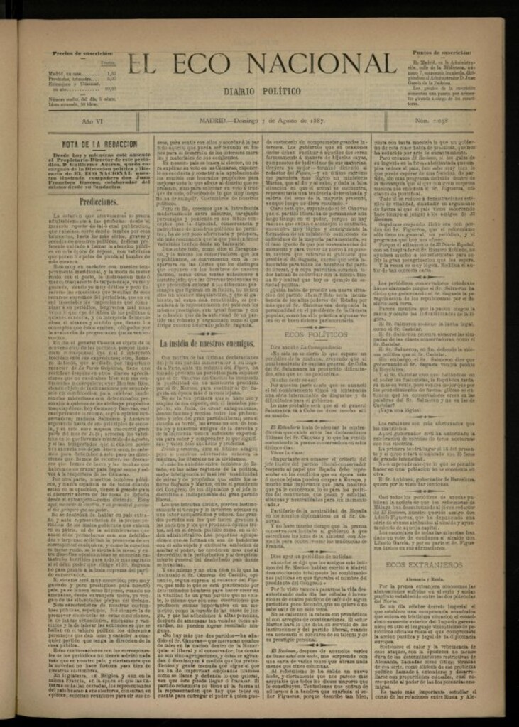 Miniatura de El Eco Nacional de 7 de agosto de 1887, nº 2038