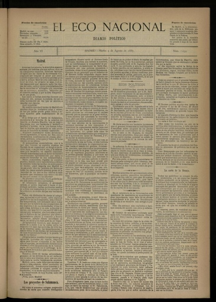 Miniatura de El Eco Nacional de 9 de agosto de 1887, nº 2039