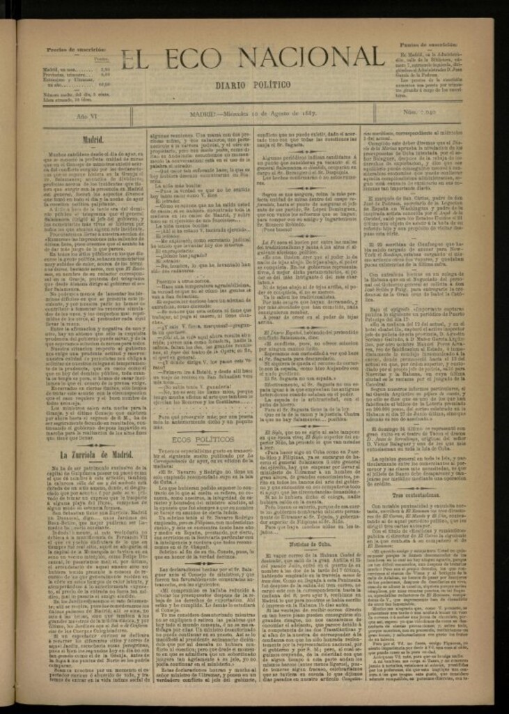 Miniatura de El Eco Nacional de 10 de agosto de 1887, nº 2040