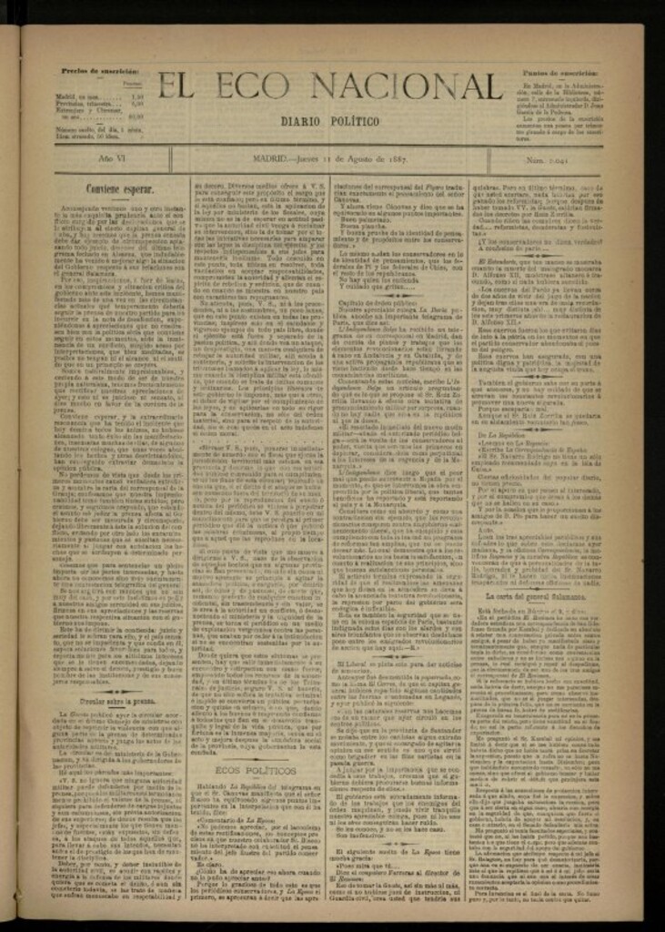 Miniatura de El Eco Nacional de 11 de agosto de 1887, nº 2041