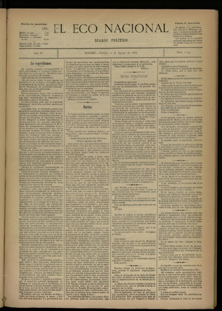 Miniatura de El Eco Nacional de 12 de agosto de 1887, nº 2042