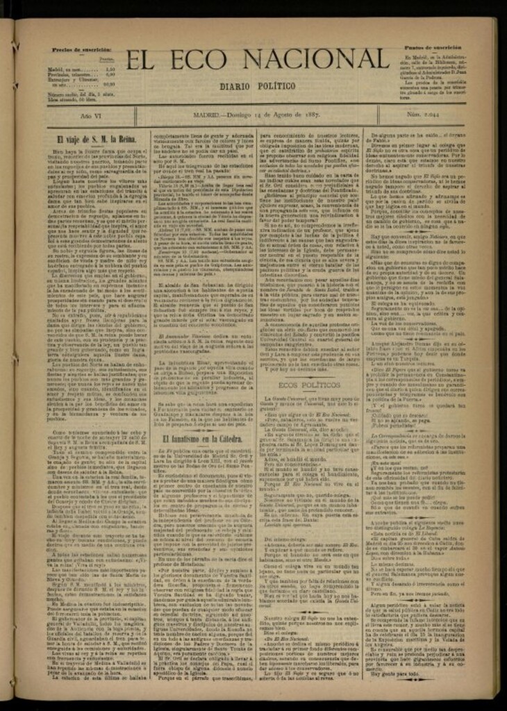 Miniatura de El Eco Nacional de 14 de agosto de 1887, nº 2044