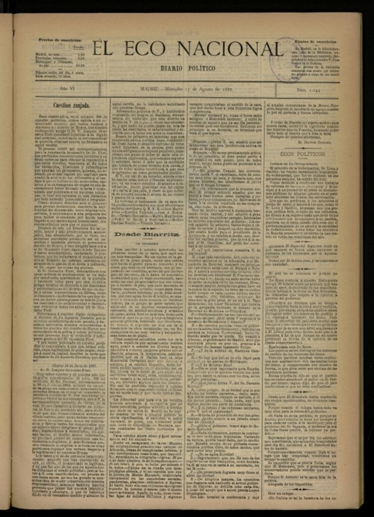 Miniatura de El Eco Nacional de 17 de agosto de 1887, nº 2044 [sic]