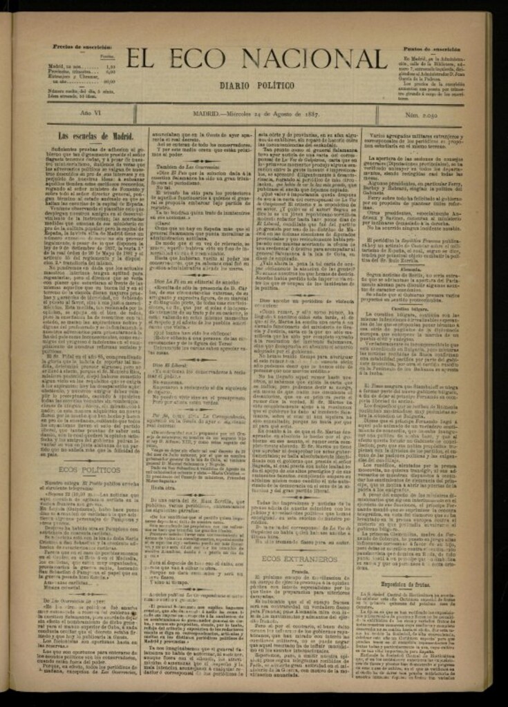 Miniatura de El Eco Nacional de 24 de agosto de 1887, nº 2050
