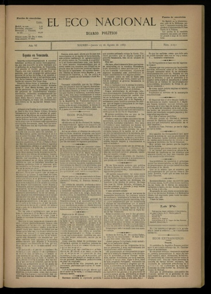 Miniatura de El Eco Nacional de 25 de agosto de 1887, nº 2051