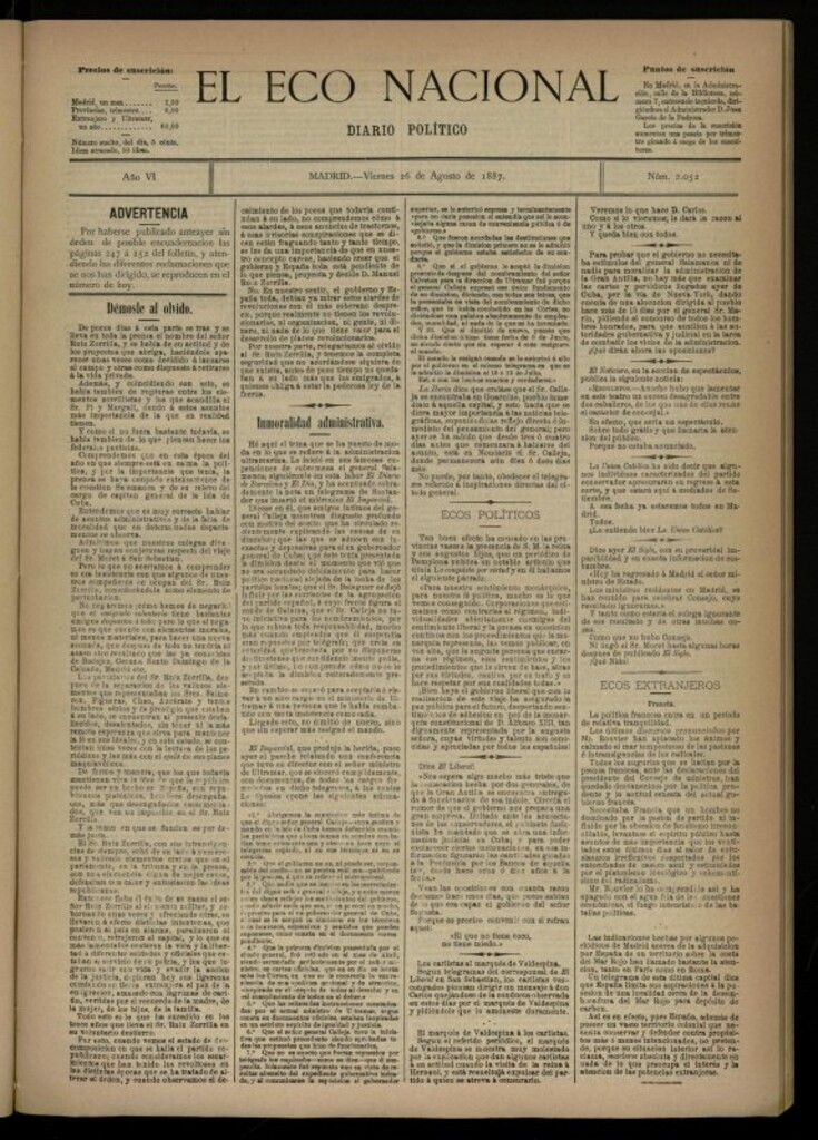 Miniatura de El Eco Nacional de 26 de agosto de 1887, nº 2052
