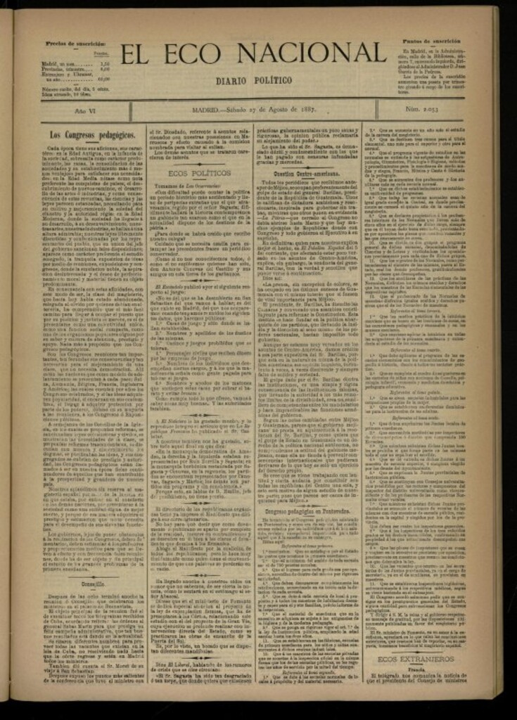 Miniatura de El Eco Nacional de 27 de agosto de 1887, nº 2053
